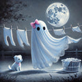 Coral the Ghost Hangling Laundry Halloween Moonlight Scene with Dog (Digital Download)