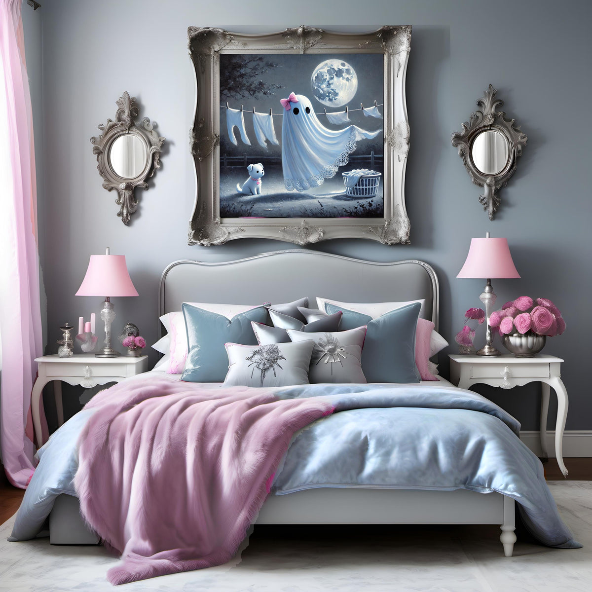 Coral the Ghost Hangling Laundry Halloween Moonlight Scene with Dog (Digital Download)