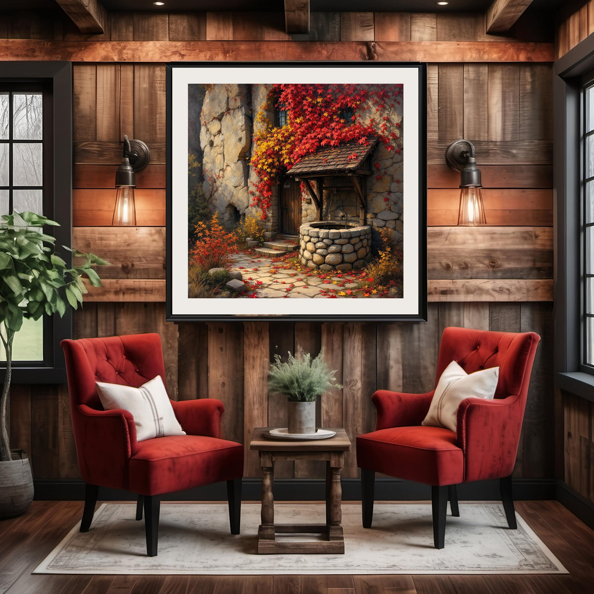 Autumn Cottage Art Print: Wishing Well, Stone House (Digital Download 40x40)