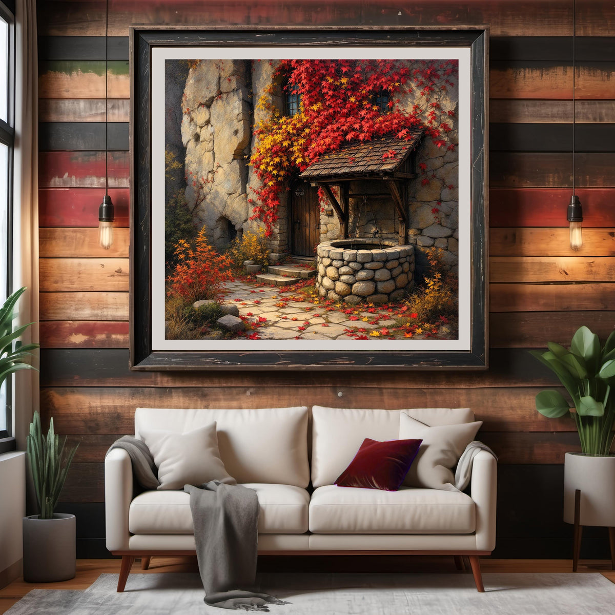 Autumn Cottage Art Print: Wishing Well, Stone House (Digital Download 40x40)