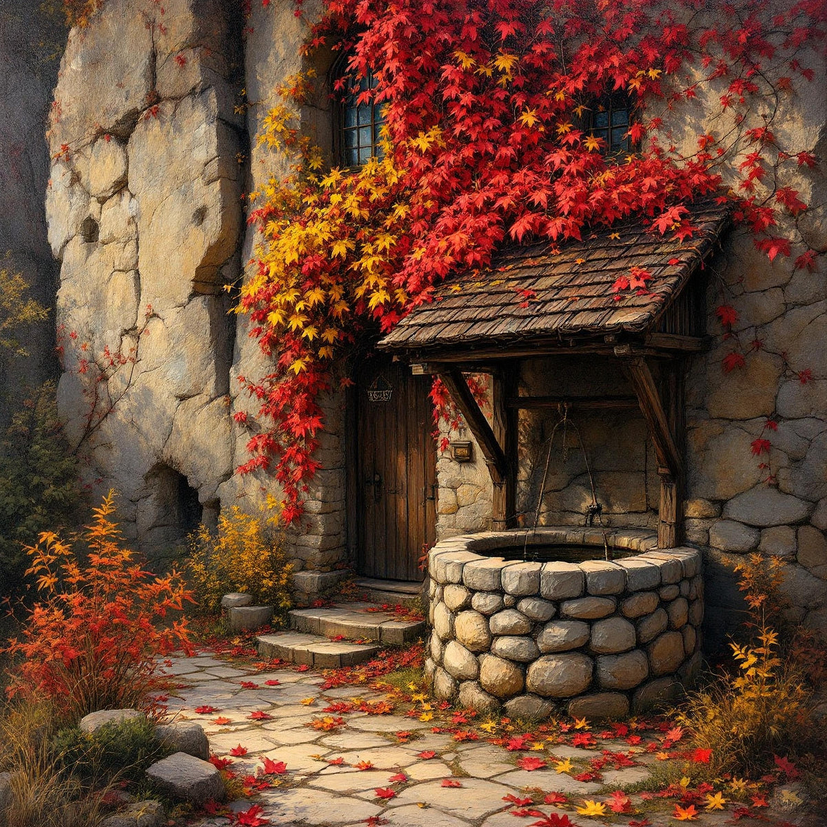 Autumn Cottage Art Print: Wishing Well, Stone House (Digital Download 40x40)