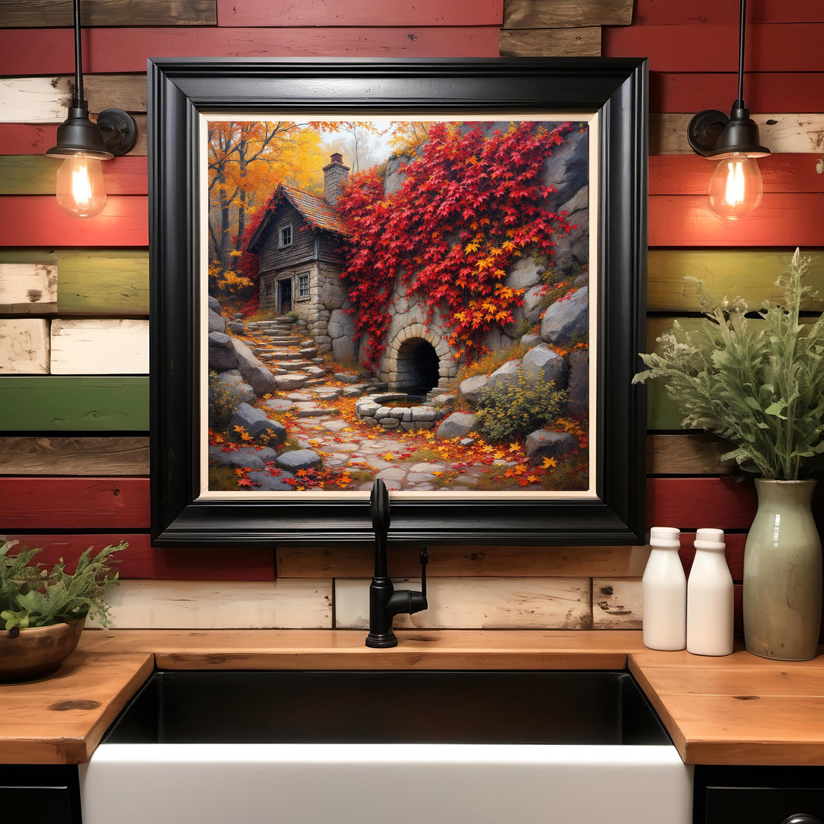 Autumn Cottage Art Print: Rustic Stone Spring, Fall Ivy (Digital Download)