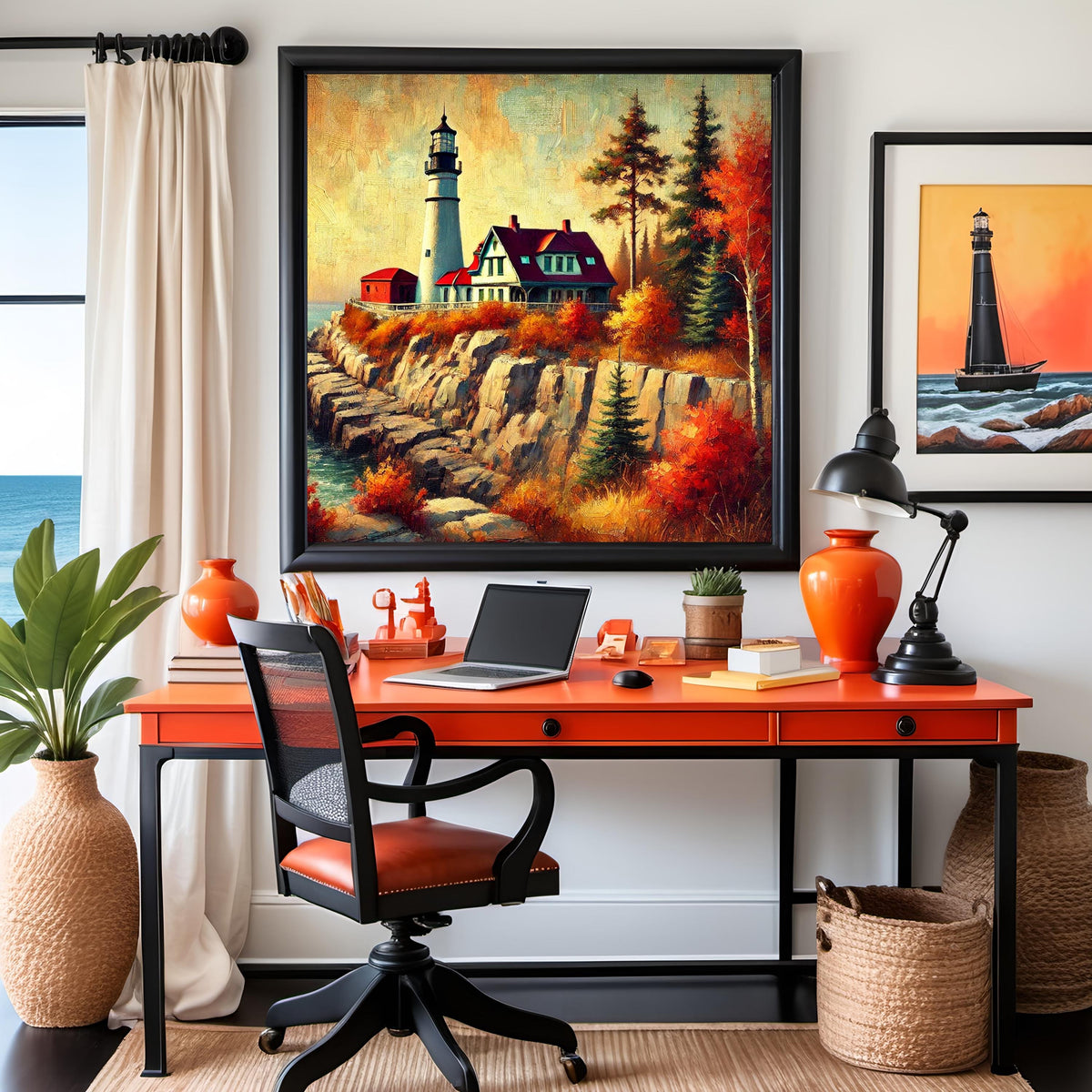 Vintage Autumn Lighthouse Painting: Coastal Fall Decor (Digital Download)