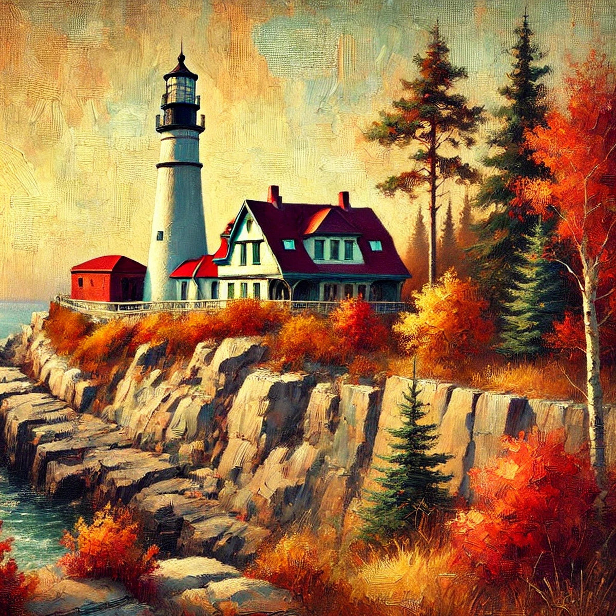 Vintage Autumn Lighthouse Painting: Coastal Fall Decor (Digital Download)