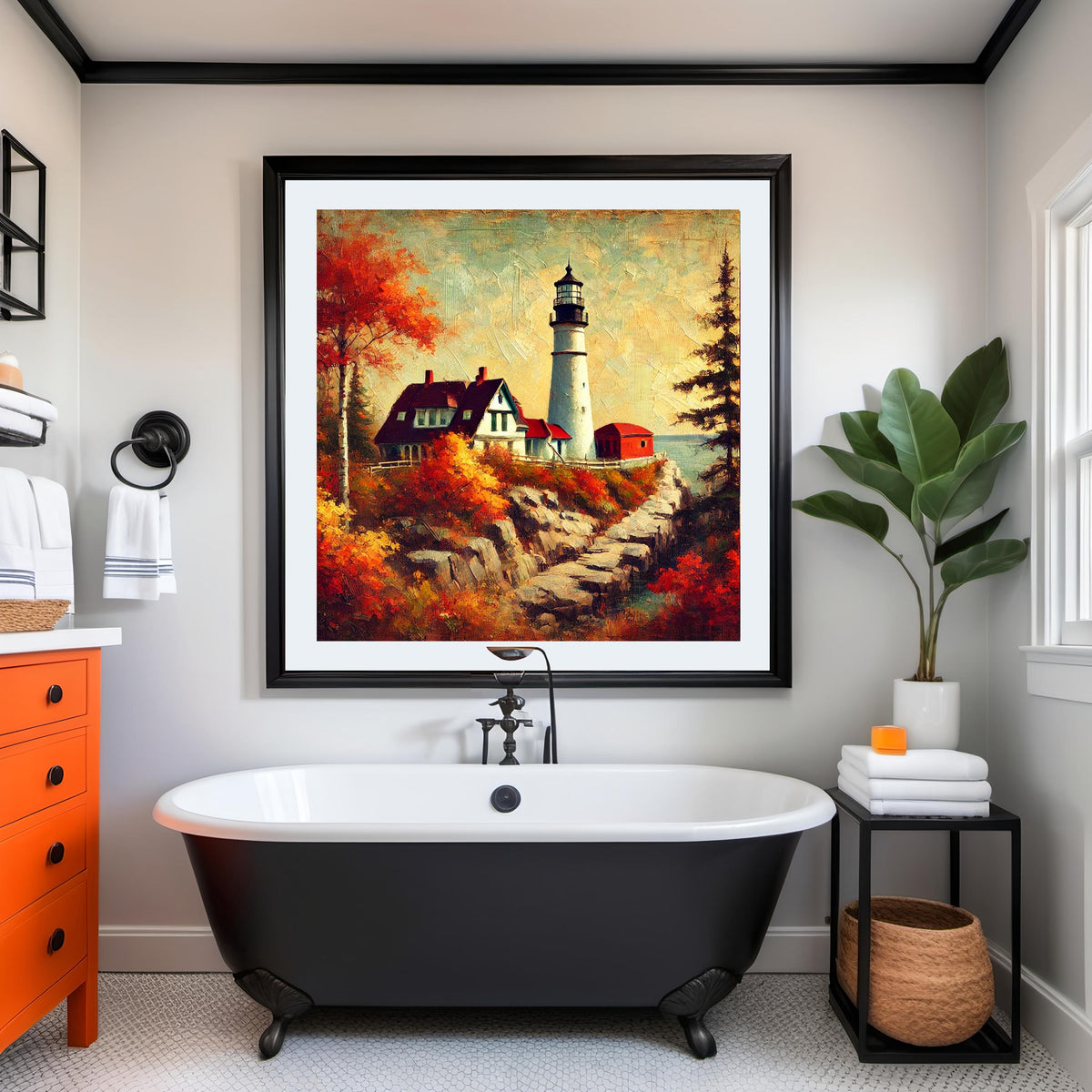 Autumn Lighthouse Art Print: Vintage Coastal Landscape (Digital Download)