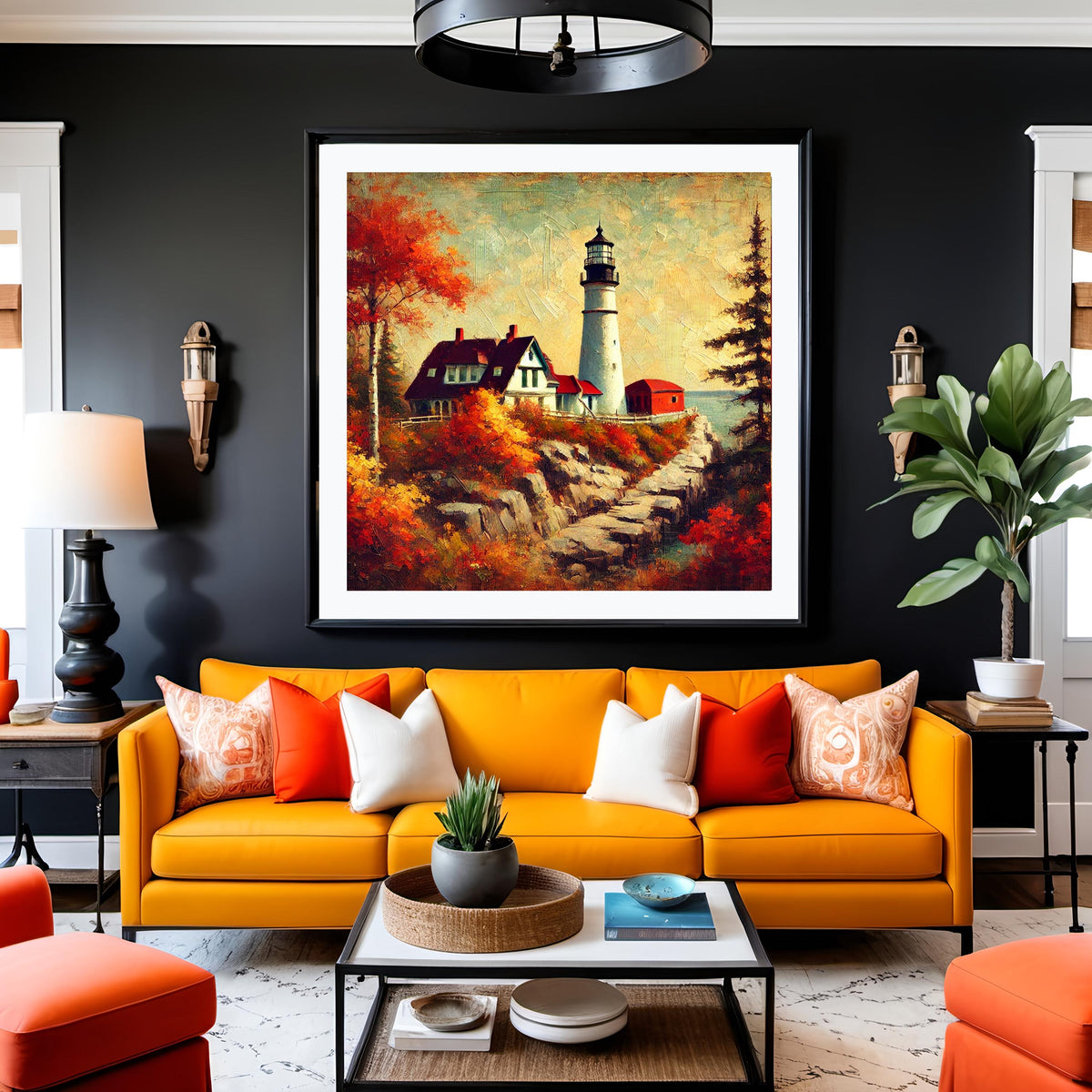 Autumn Lighthouse Art Print: Vintage Coastal Landscape (Digital Download)