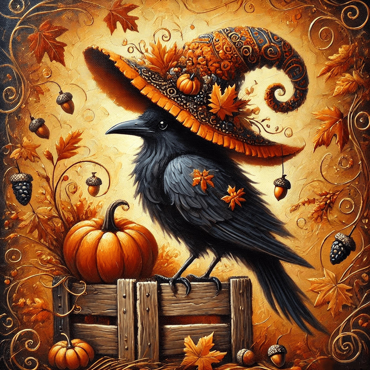 Whimsical Crow Witch Hat Halloween Art: Vintage Autumn Printable (Digital Download)