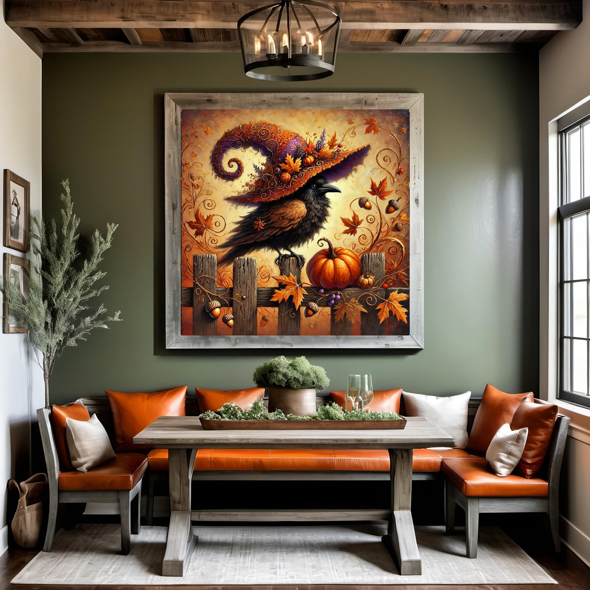 Autumn Raven Print: Whimsical Witch Hat, Halloween Crow Decor (Digital Download)