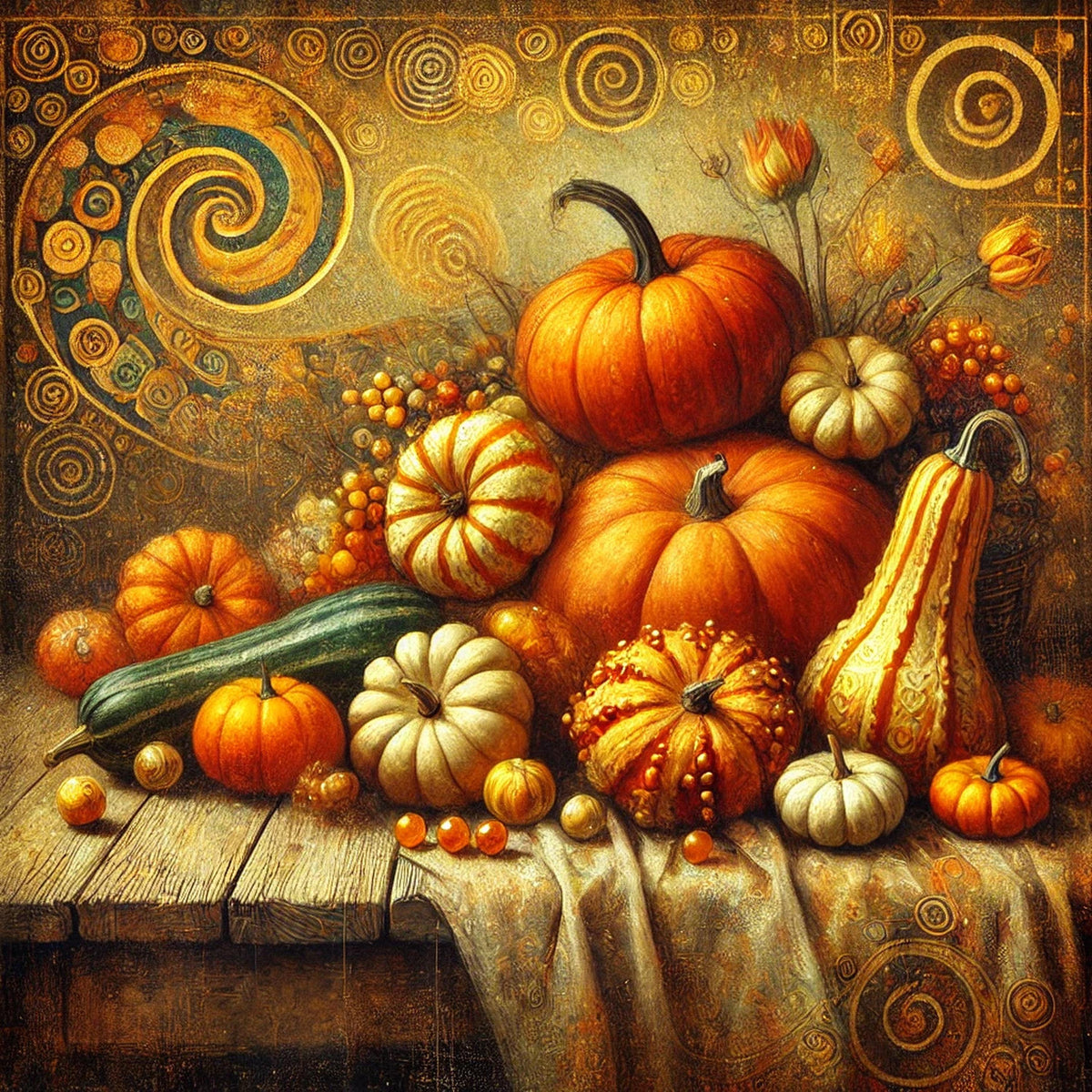 Klimt Inspired Gilded Pumpkin Print: Vintage Autumn Harvest (Digital Download)