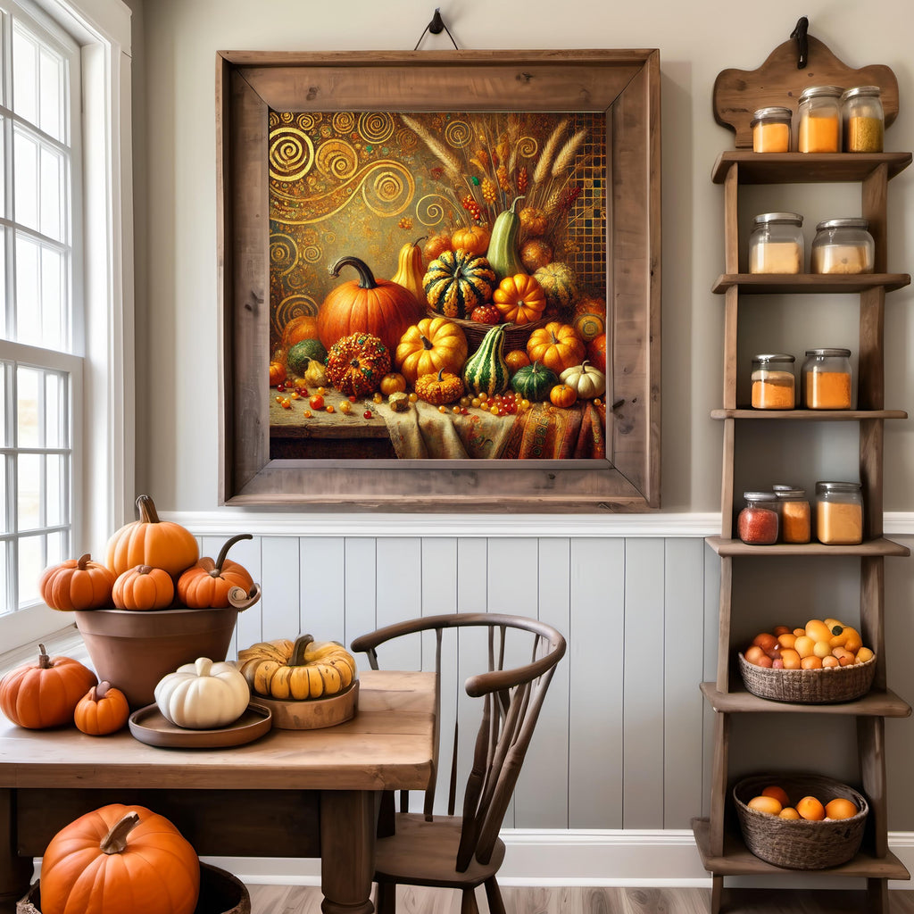 Klimt Inspired Pumpkin Print: Golden Harvest Still Life (Digital Download)