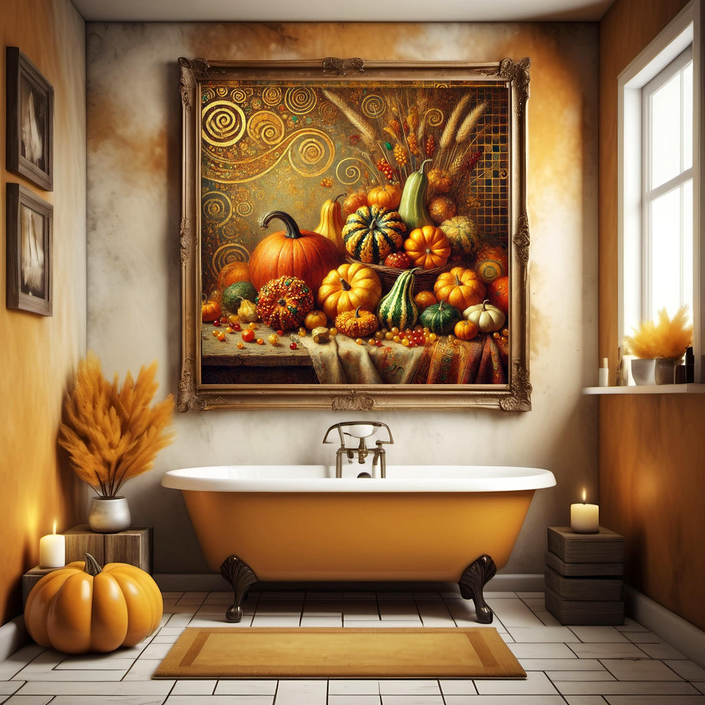 Klimt Inspired Pumpkin Print: Golden Harvest Still Life (Digital Download)