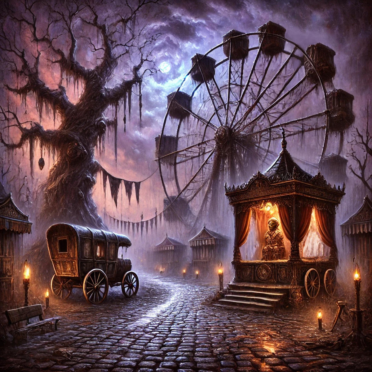 Haunted Carnival Print: Gothic Ferris Wheel, Dark Halloween Fairground (Digital Download)