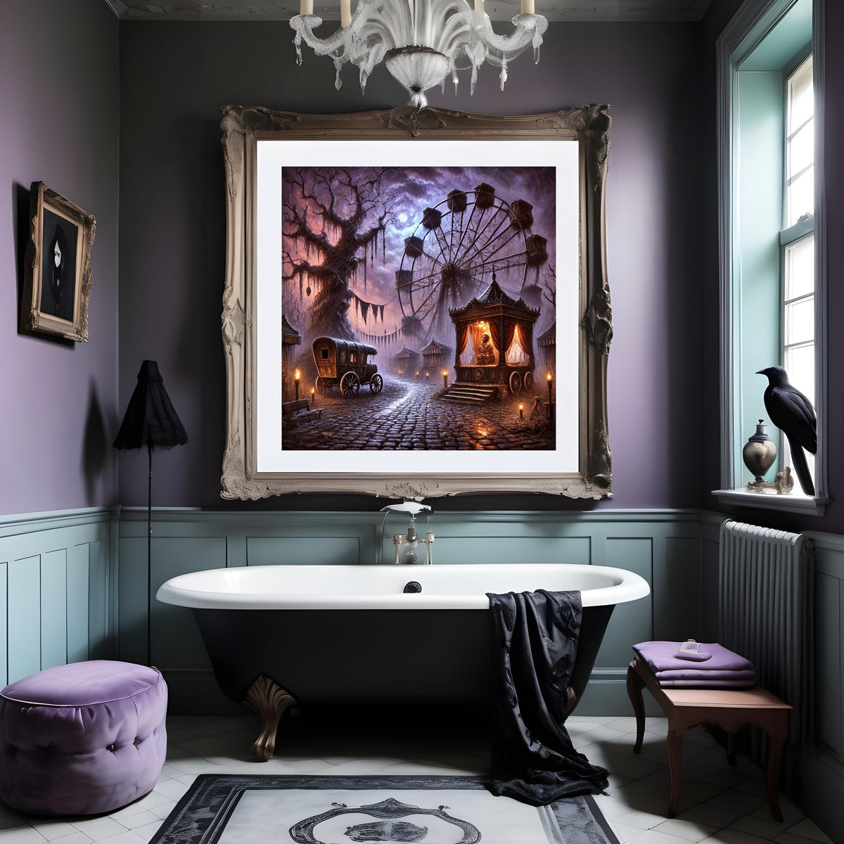 Haunted Carnival Print: Gothic Ferris Wheel, Dark Halloween Fairground (Digital Download)