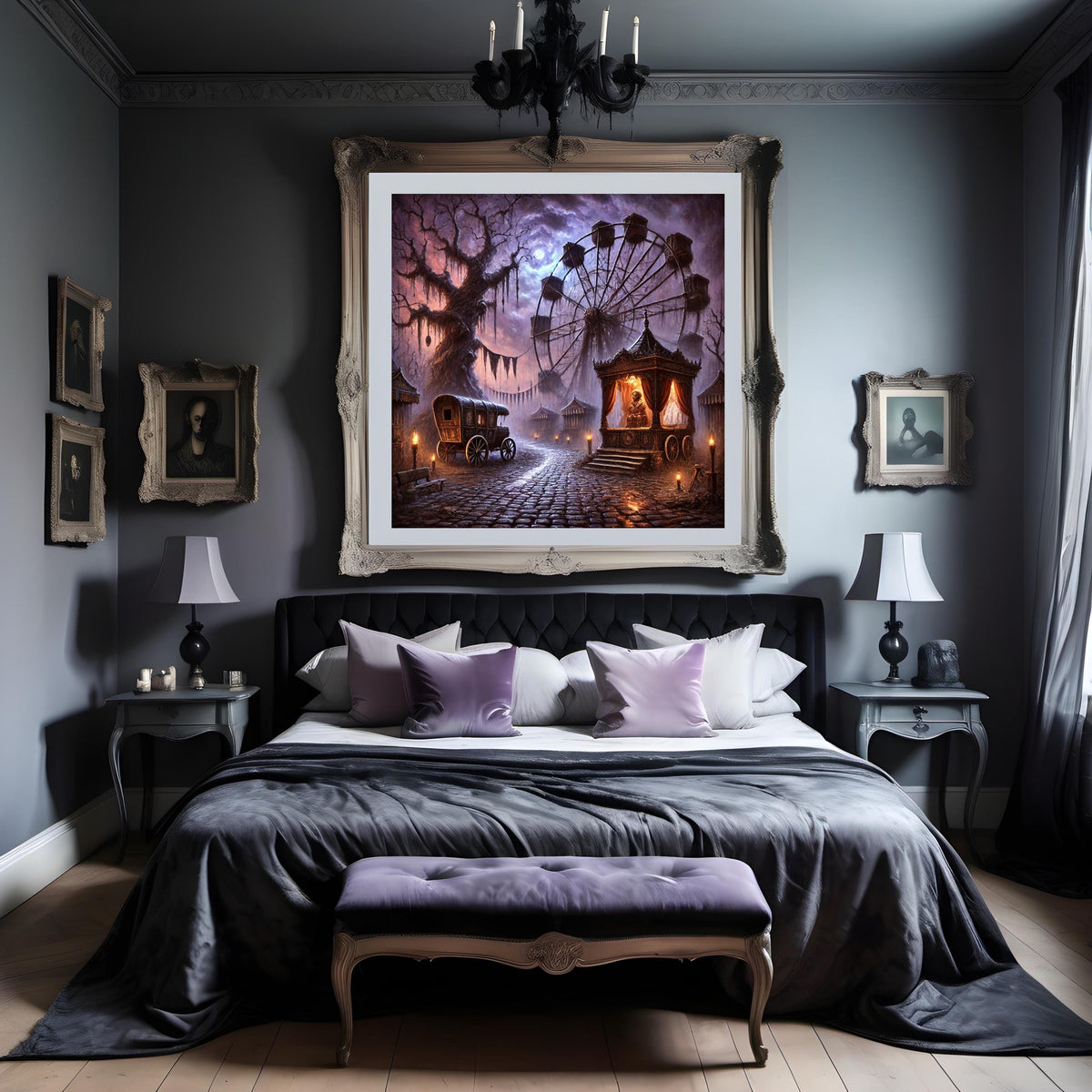 Haunted Carnival Print: Gothic Ferris Wheel, Dark Halloween Fairground (Digital Download)