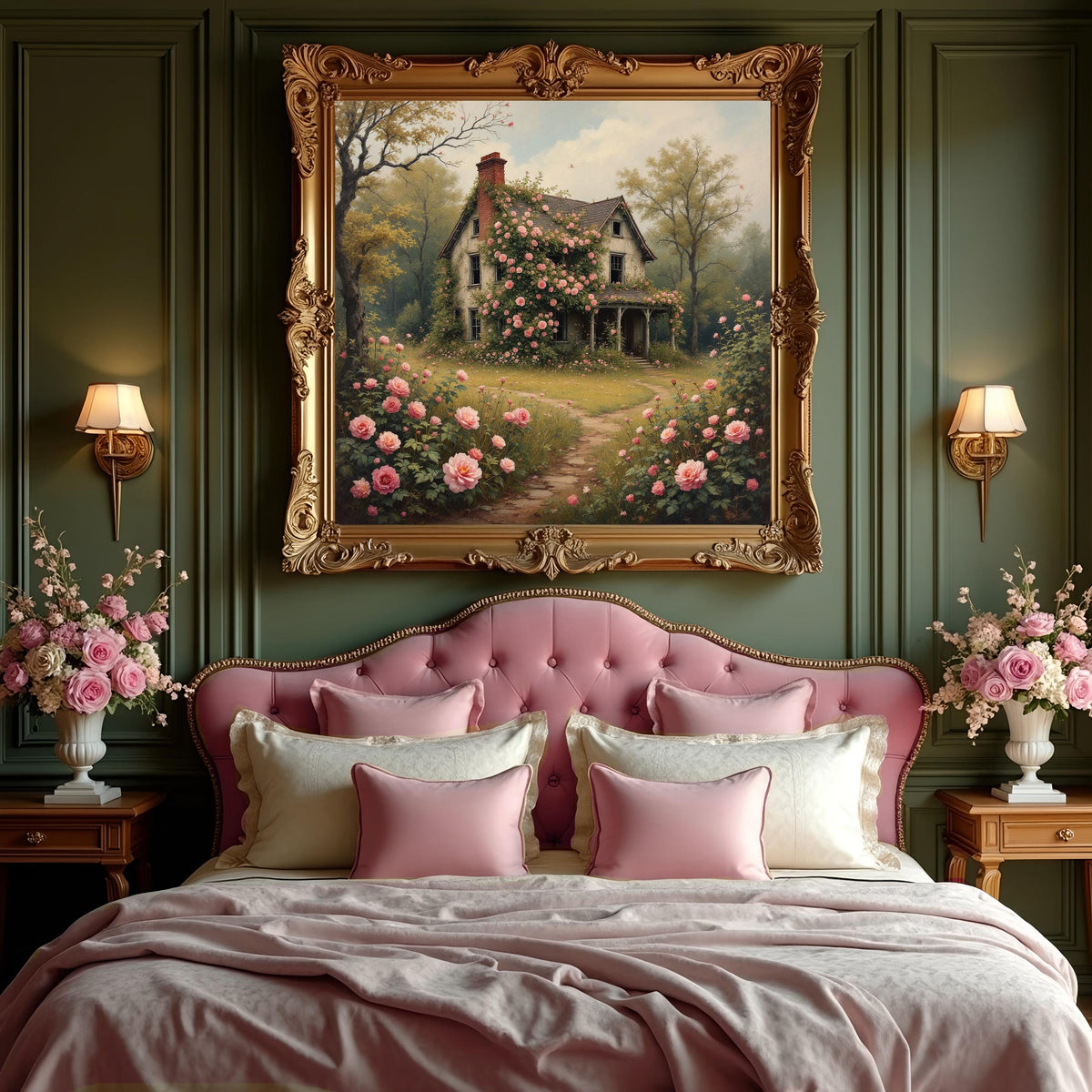 Rose Garden Cottage Art Print: Romantic Overgrown Flower House Painting (Digital Download)
