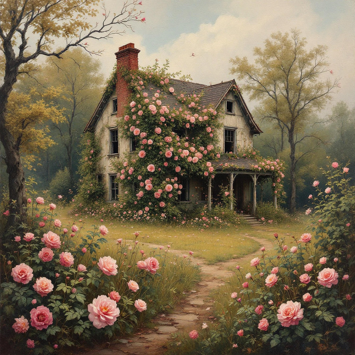 Rose Garden Cottage Art Print: Romantic Overgrown Flower House Painting (Digital Download)