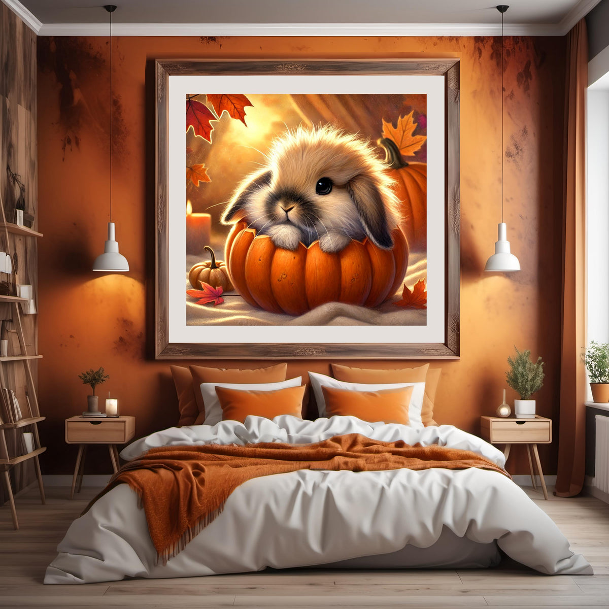 Autumn Bunny in Pumpkin Art Print: Whimsical Fall Decor (Digital Download)