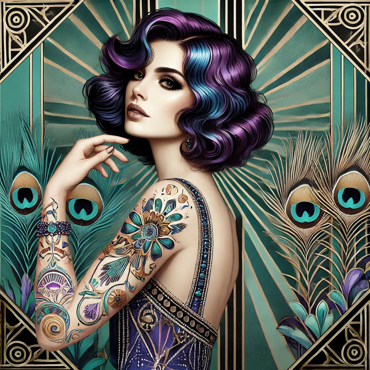 Art Deco Peacock Muse Print: Glamorous Tattooed Woman Portrait (Digital Download)