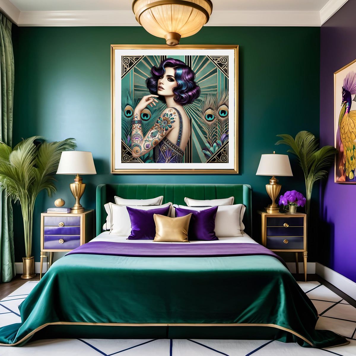 Art Deco Peacock Muse Print: Glamorous Tattooed Woman Portrait (Digital Download)