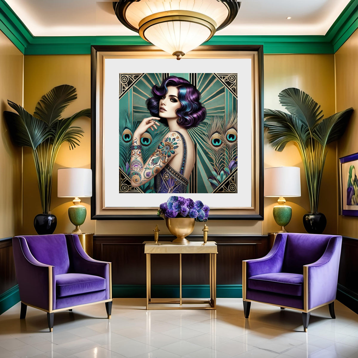Art Deco Peacock Muse Print: Glamorous Tattooed Woman Portrait (Digital Download)