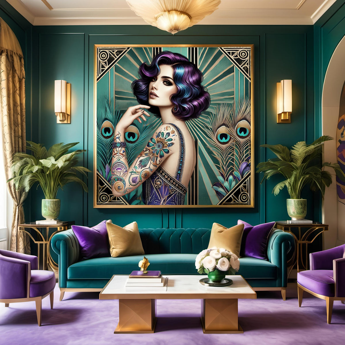 Art Deco Peacock Muse Print: Glamorous Tattooed Woman Portrait (Digital Download)