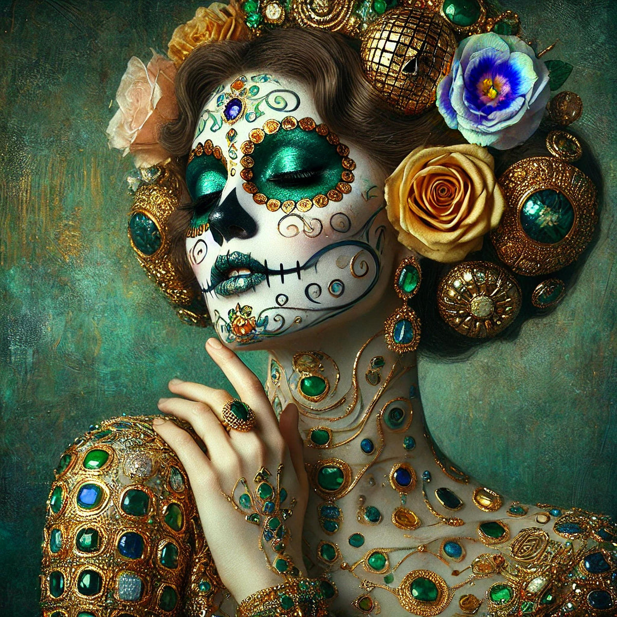 Emerald Sugar Skull Art Print: Gilded Día de los Muertos Portrait (Digital Download)