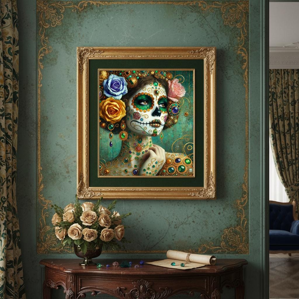 Jeweled Sugar Skull Queen Art Print: Día de Muertos Gilded Portrait (Digital Download)