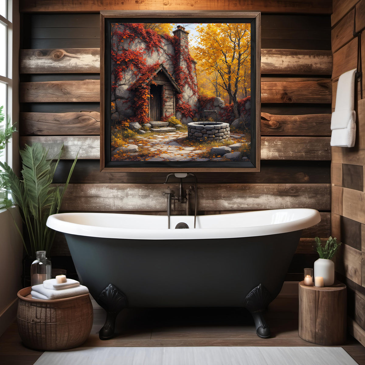 Autumn Cottage Art Print: Rustic Stone House with Wishing Well (Digital Download)
