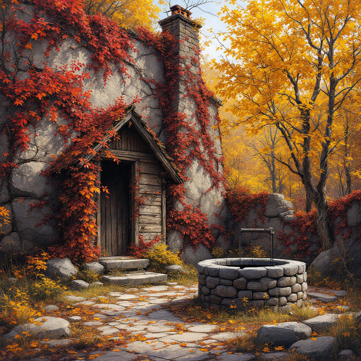 Autumn Cottage Art Print: Rustic Stone House with Wishing Well (Digital Download)