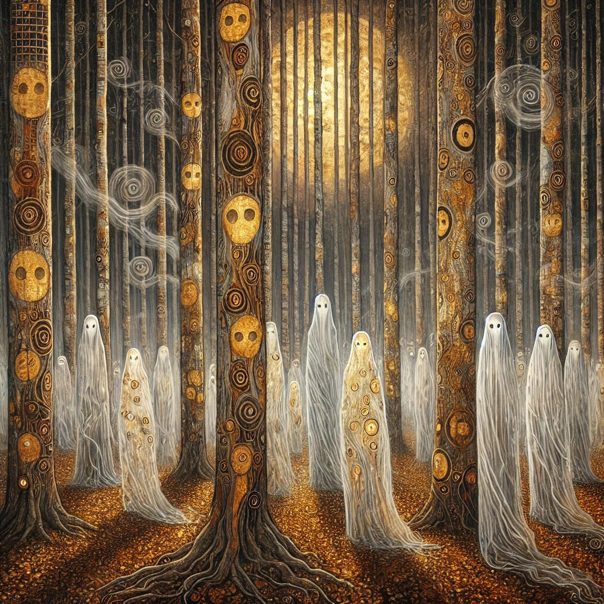Forest of Forgotten Souls: Golden Ethereal Spirits Art (Digital Download)