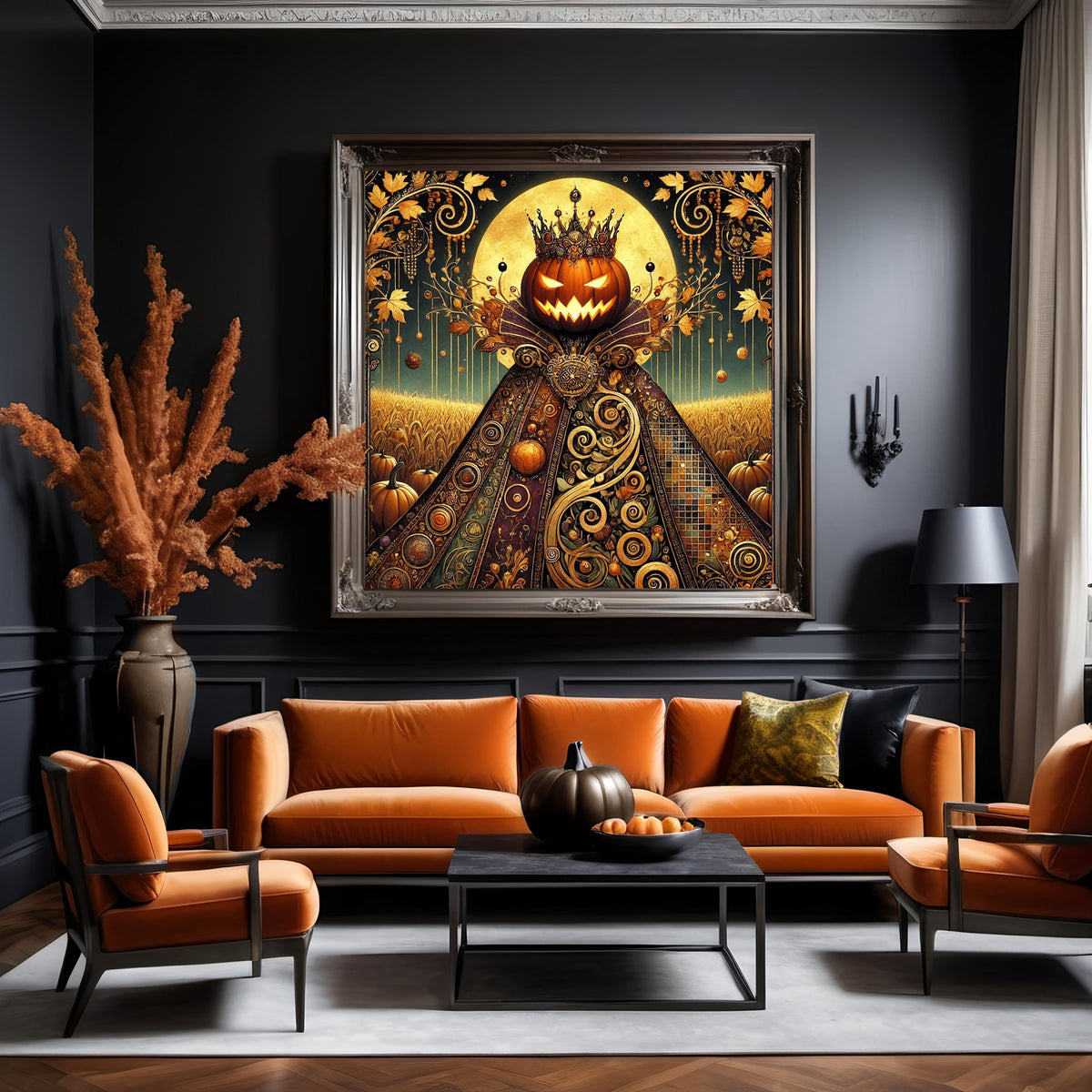 Crowned by the Harvest Moon: Gothic Golden Halloween Royalty Art (Digital Download)