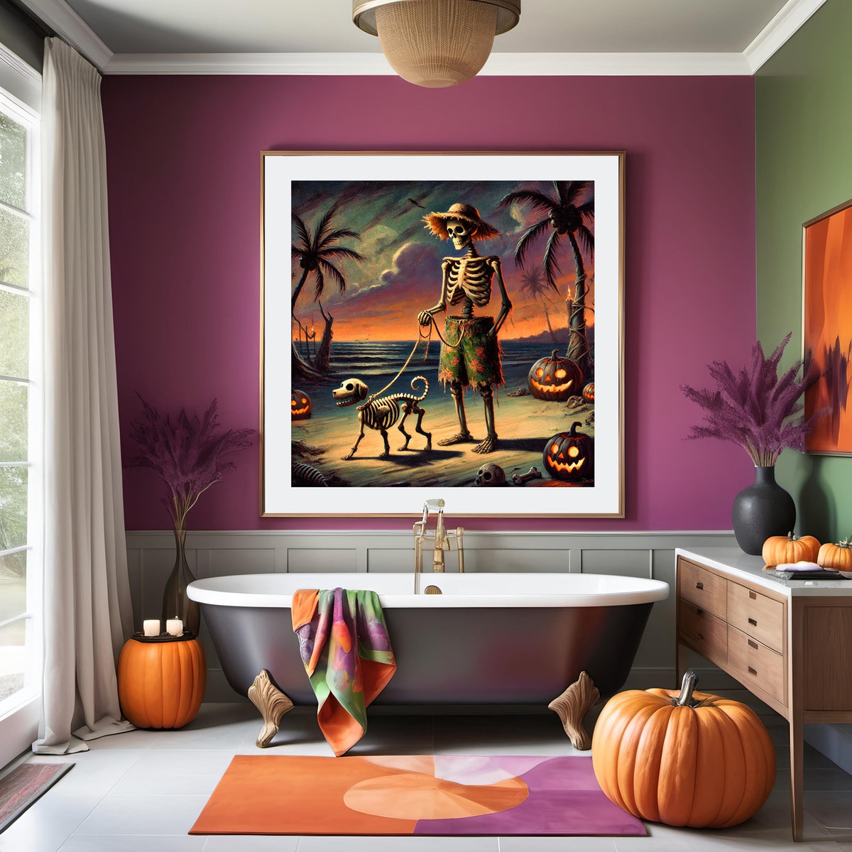 Skeleton Dog Beach Print: Funny Coastal Halloween (Digital Download)