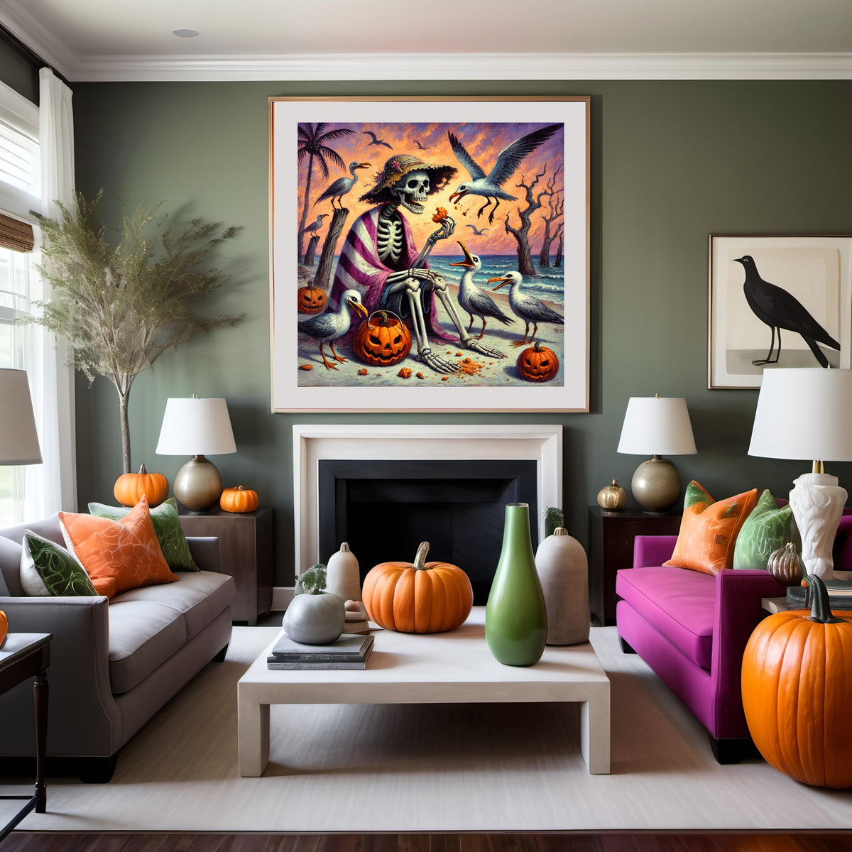 Whimsical Skeleton Beach Picnic Painting: Summerween Coastal Art (Digital Download)