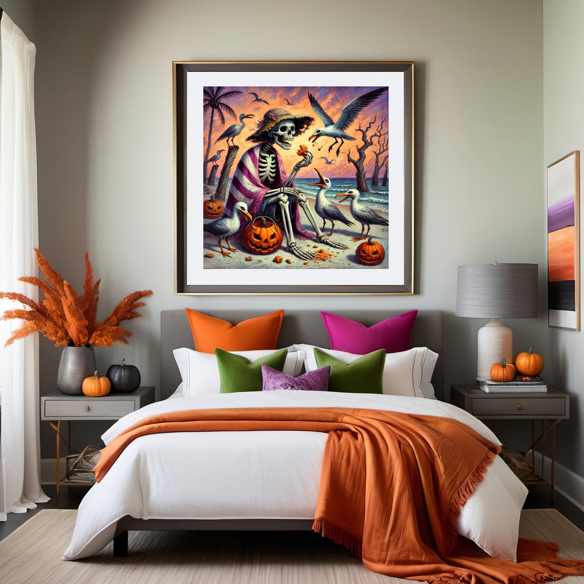 Whimsical Skeleton Beach Picnic Painting: Summerween Coastal Art (Digital Download)