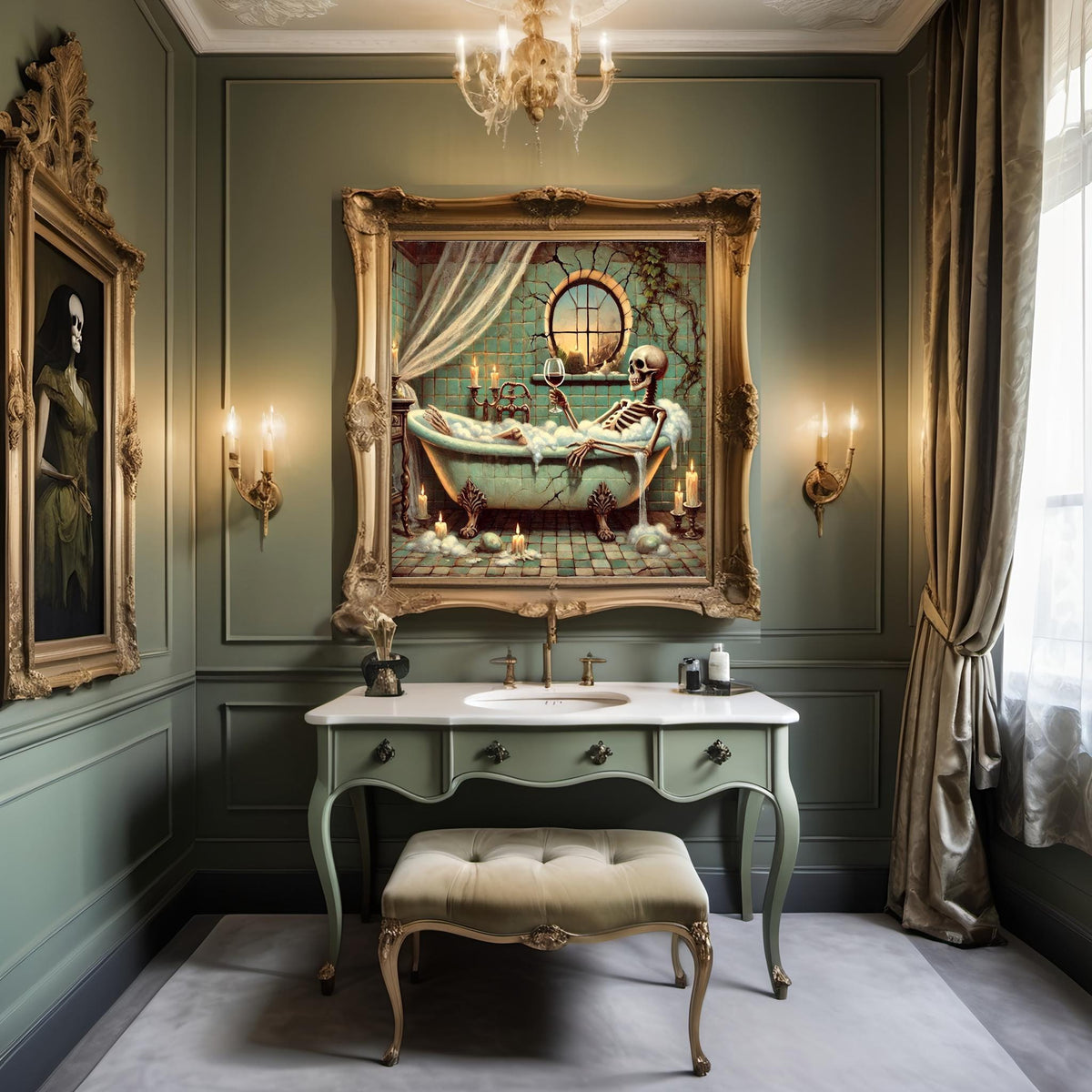 Skeleton in the Bathtub Painting: Spooky Funny Gothic Bathroom Wall Art (Digital Download)