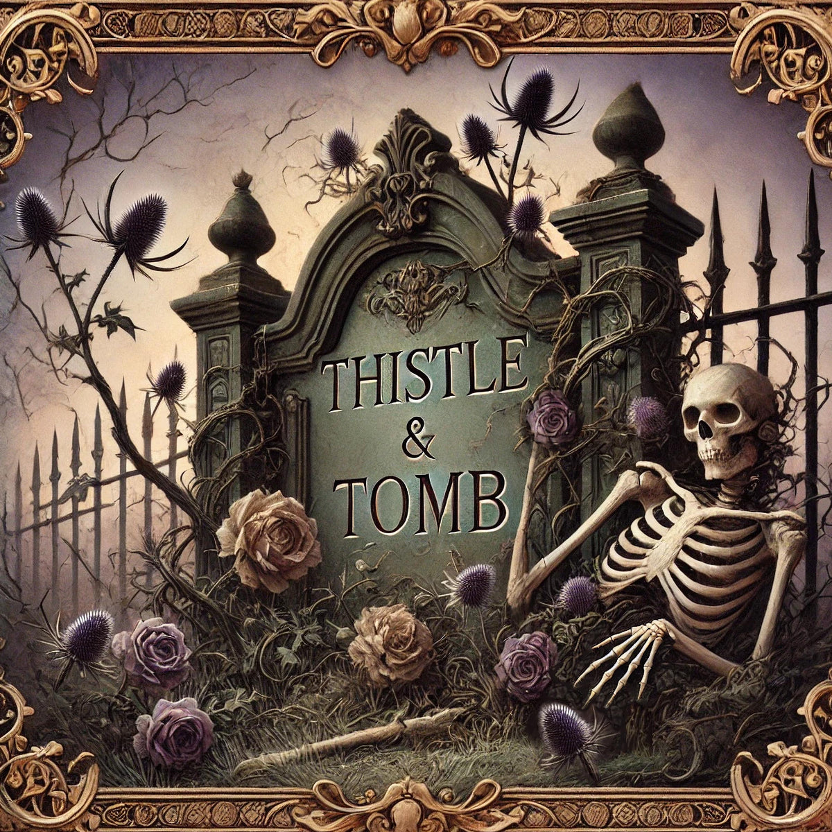 Gothic Halloween Print: Vintage Thistle Tombstone, Skeleton Art (Digital Download)