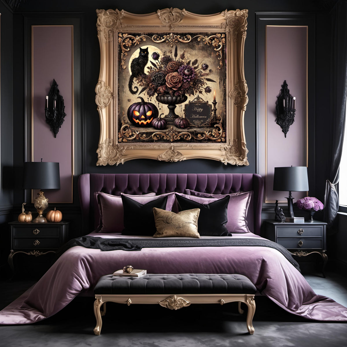 Gothic Black Cat Halloween Print: Dark Victorian Pumpkin Decor (Digital Art)