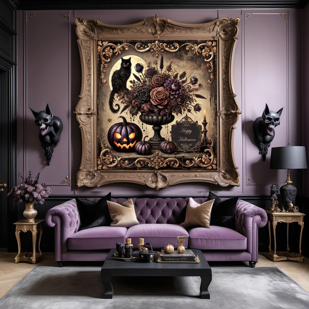Gothic Black Cat Halloween Print: Dark Victorian Pumpkin Decor (Digital Art)