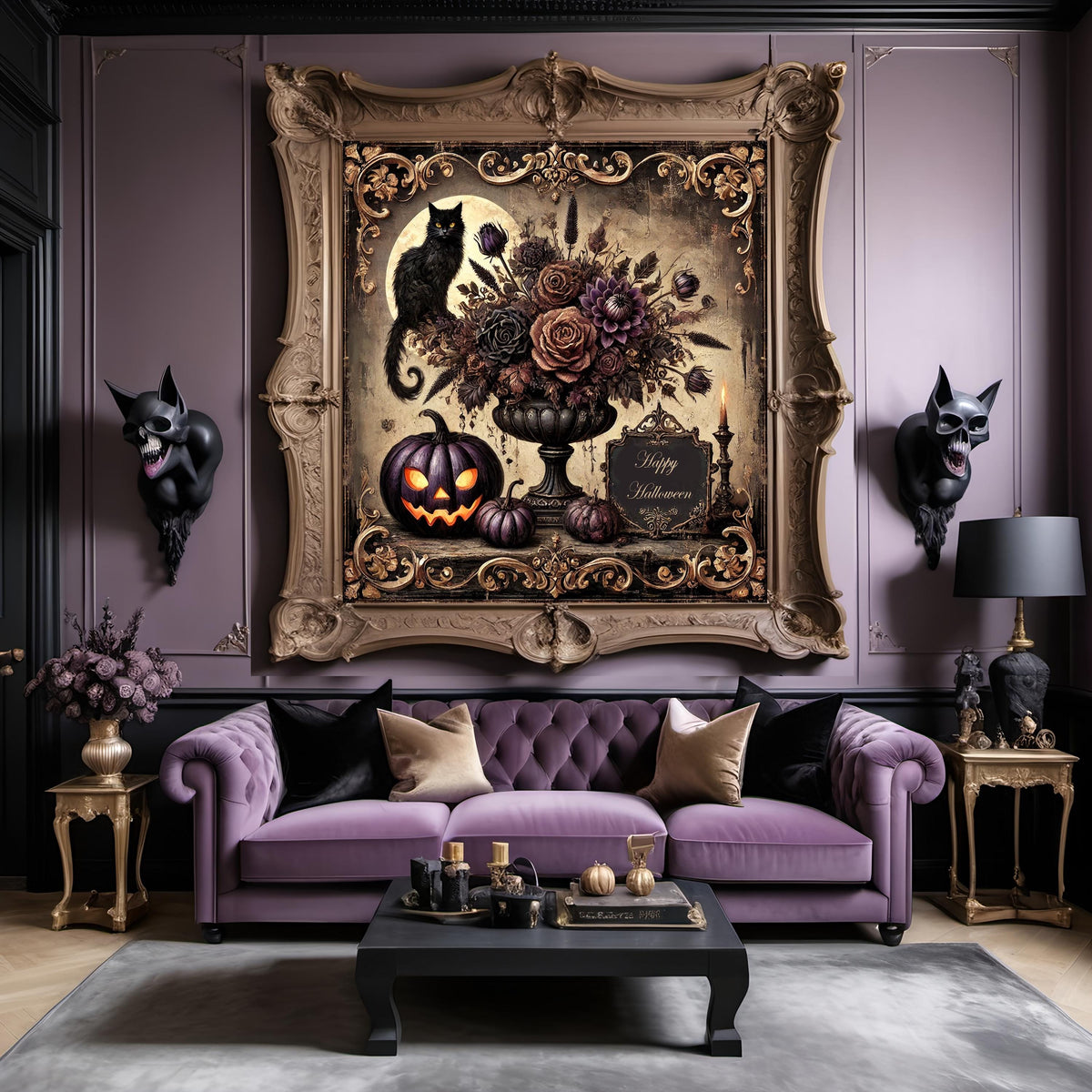 Gothic Black Cat Halloween Print: Dark Victorian Pumpkin Decor (Digital Art)