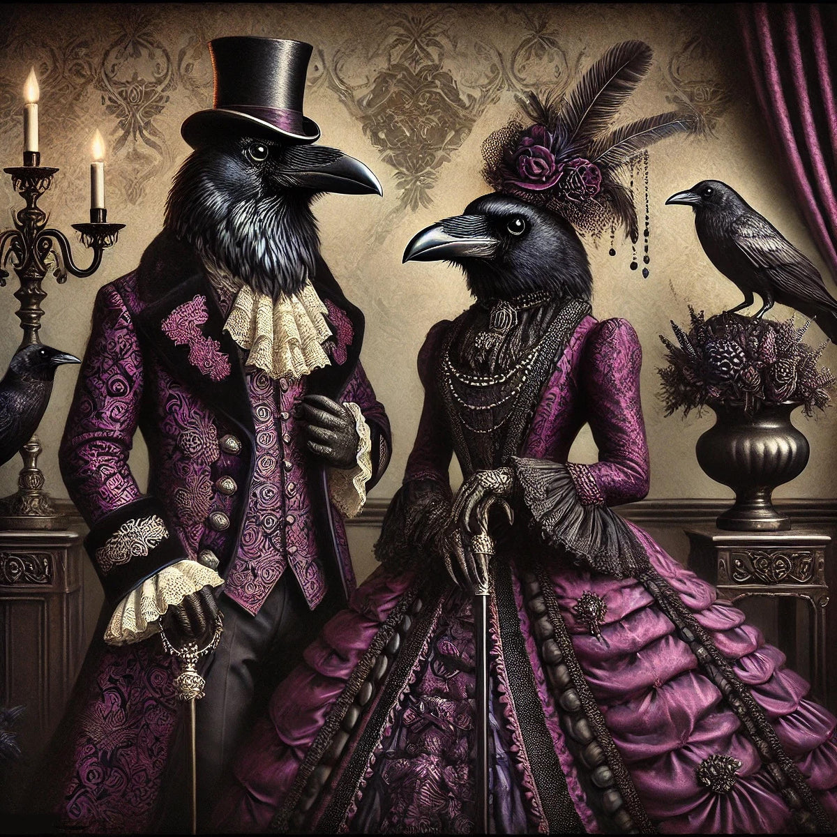 Victorian Raven Couple Painting: Gothic Vintage Bird Portrait Digital Art (Digital Download)