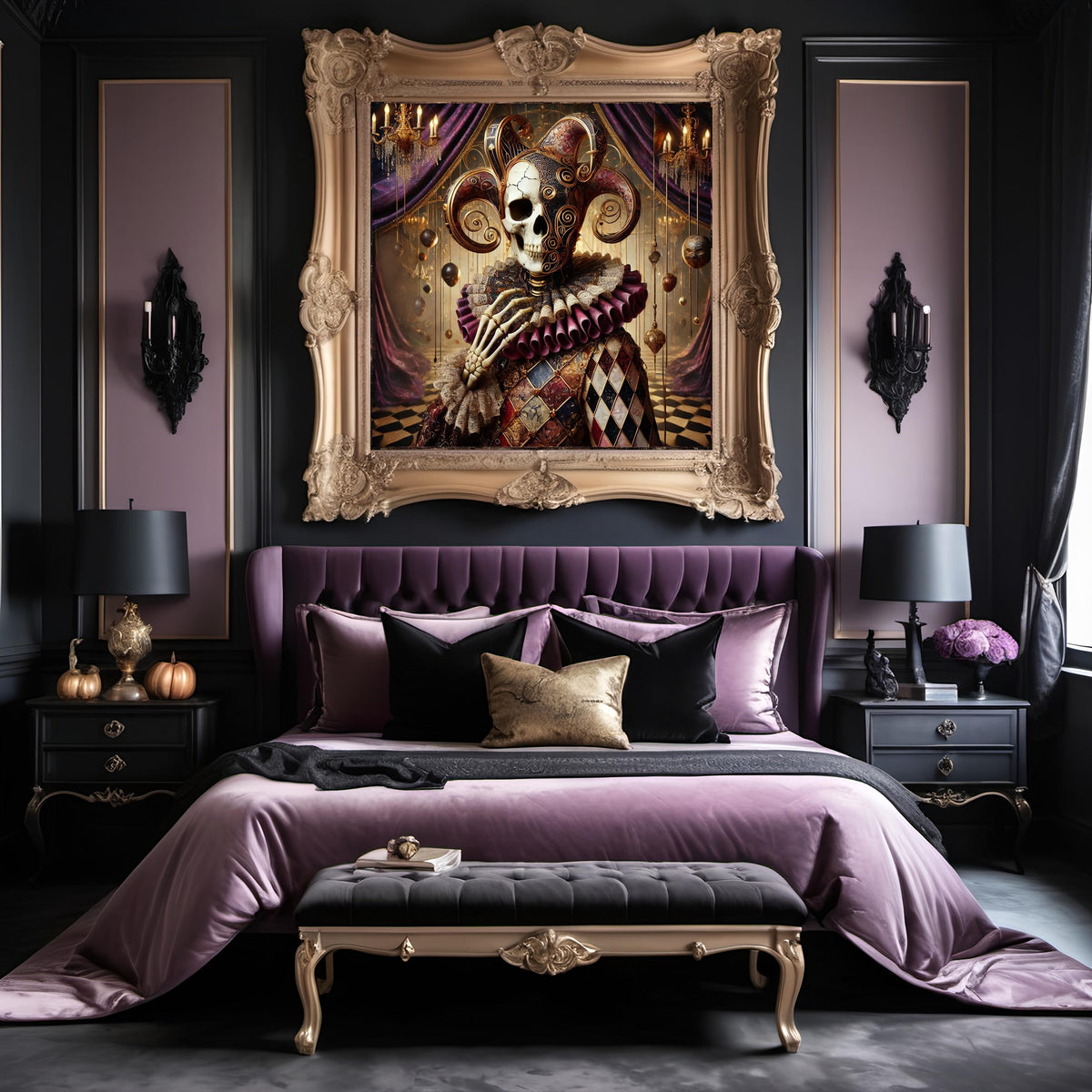Gothic Skeleton Harlequin: Gothic Golden Jester Art (Digital Download)