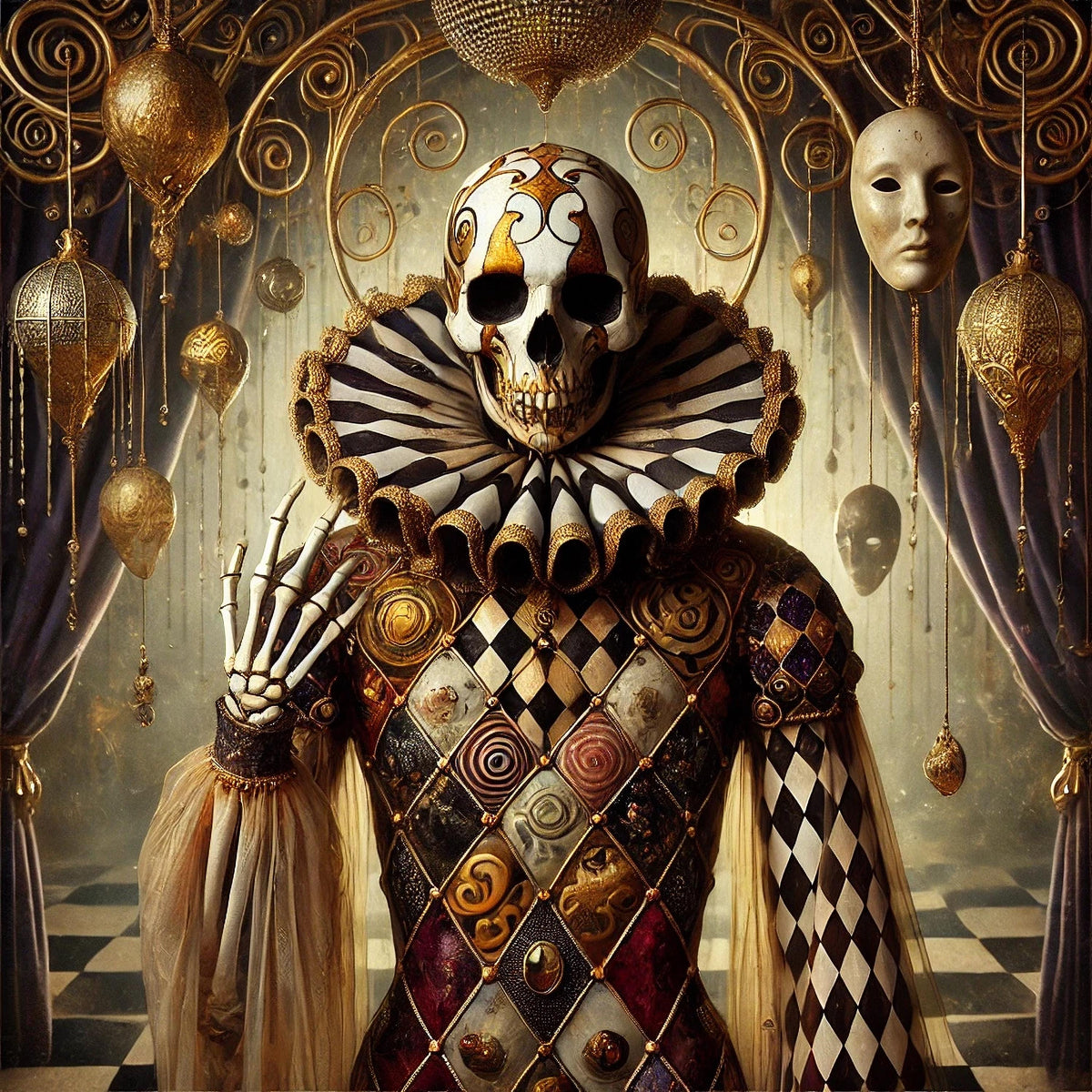 Skeleton Jester: Gothic Golden Masquerade Art (Digital Download)