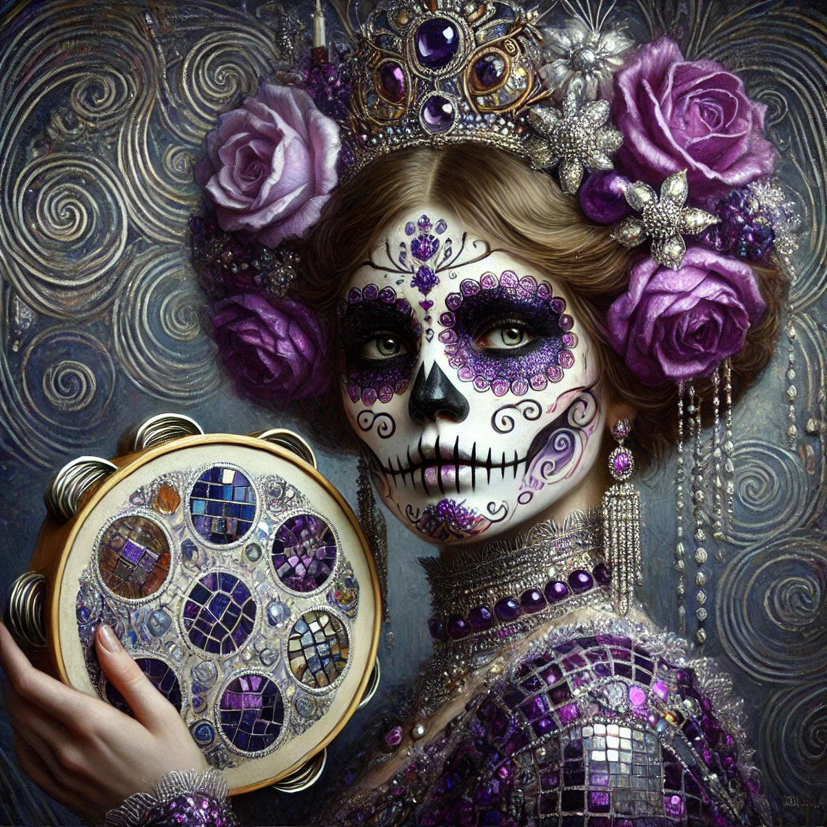 Amethyst Sugar Skull Art Print: Gilded Día de los Muertos, Tambourine (Digital Download)
