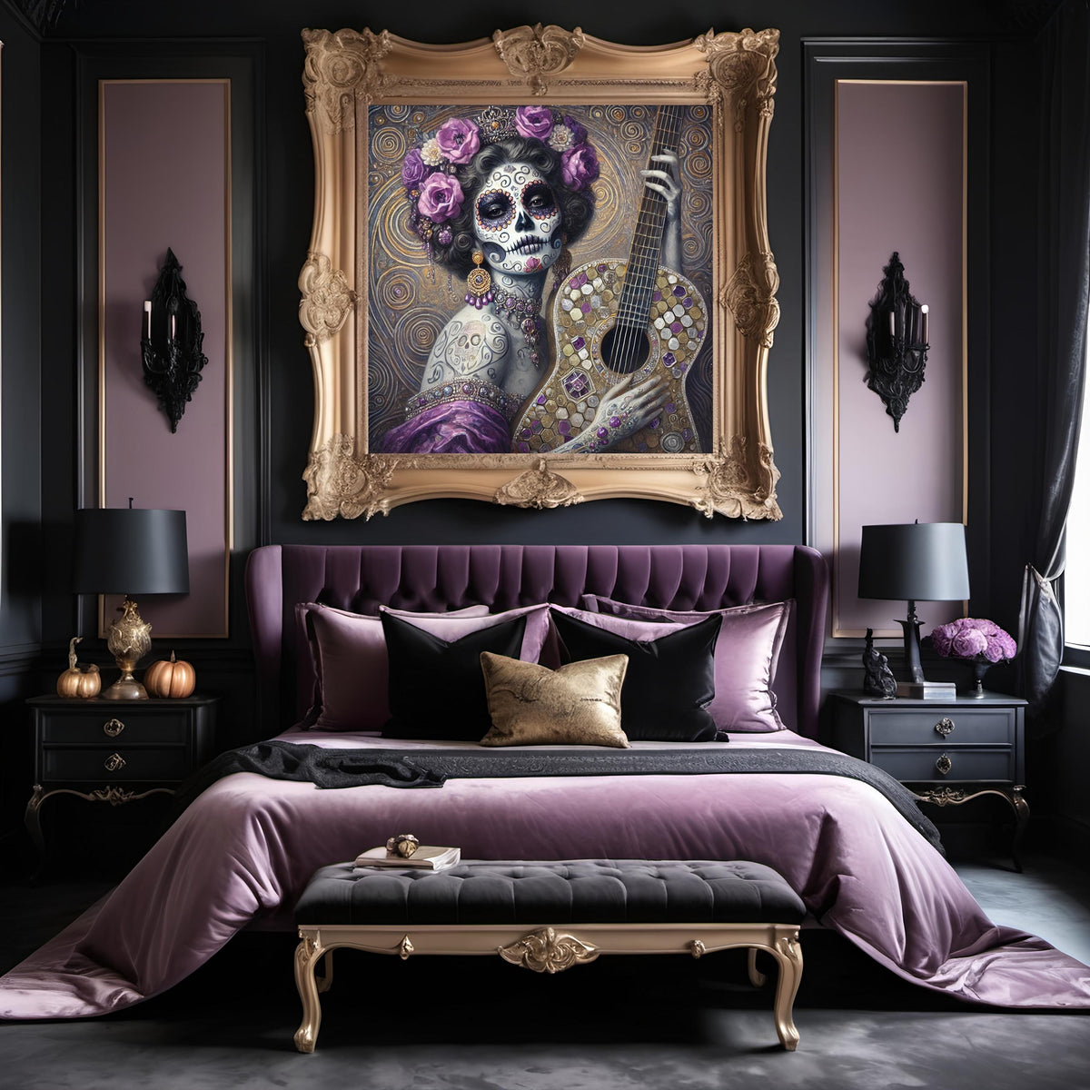Sugar Skull Art Print: Día de los Muertos Queen with Guitar (Digital Download)
