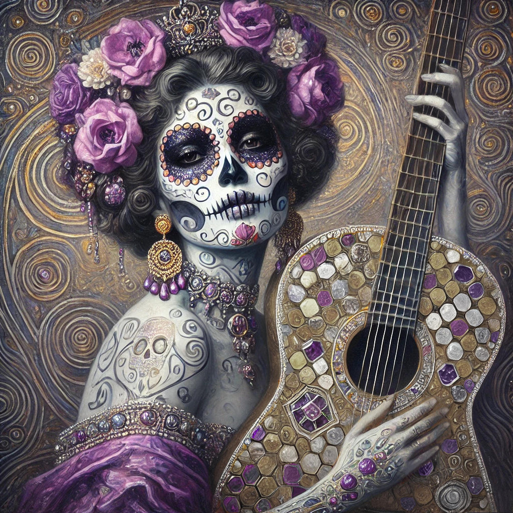 Sugar Skull Art Print: Día de los Muertos Queen with Guitar (Digital Download)