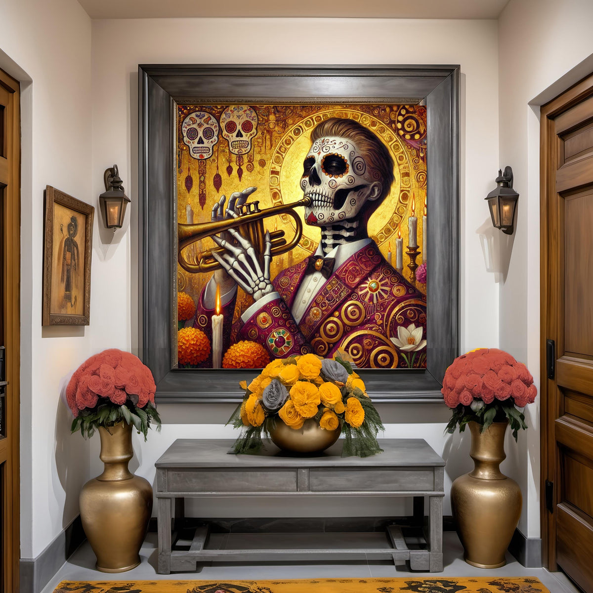 Day of the Dead Musician: Golden Trumpet Player Sugar Skull Art (Digital Download)