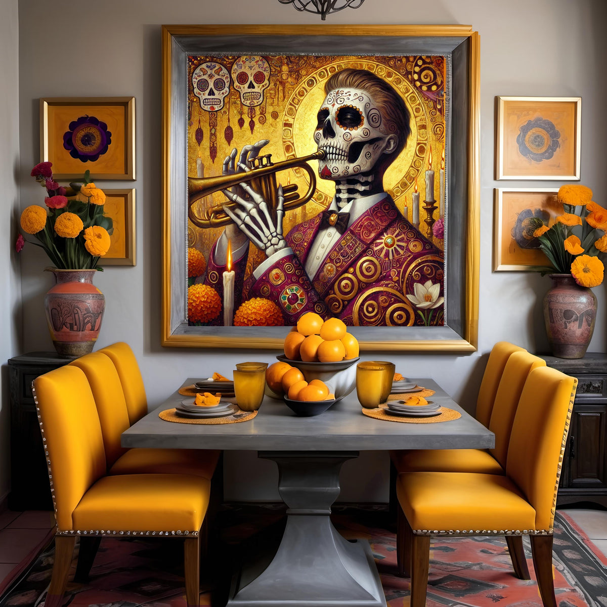 Day of the Dead Musician: Golden Trumpet Player Sugar Skull Art (Digital Download)
