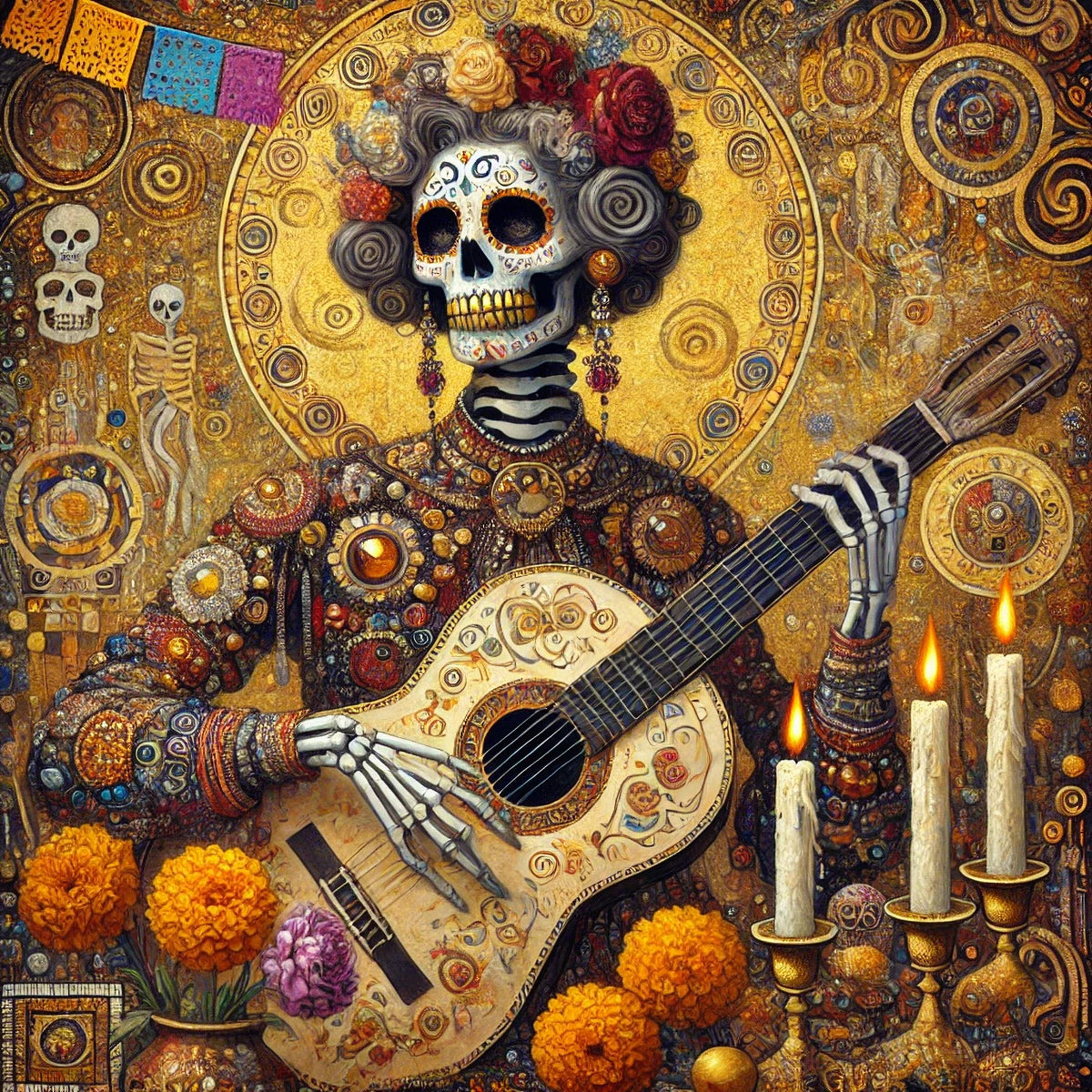 Día de los Muertos Art Print: Gilded Skeleton Musician (Digital Download)