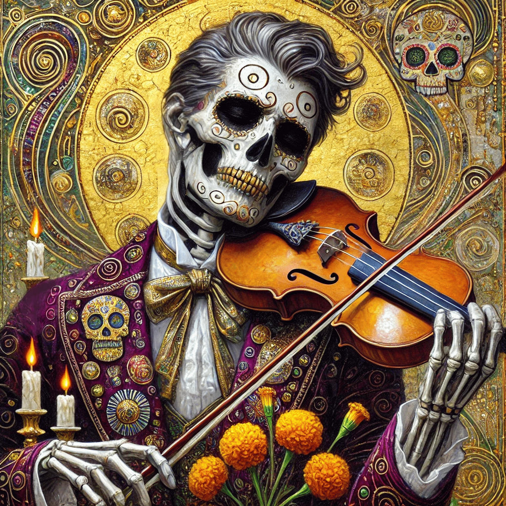 Día de los Muertos Violinist: Golden Skeleton Musician Art (Digital Download)