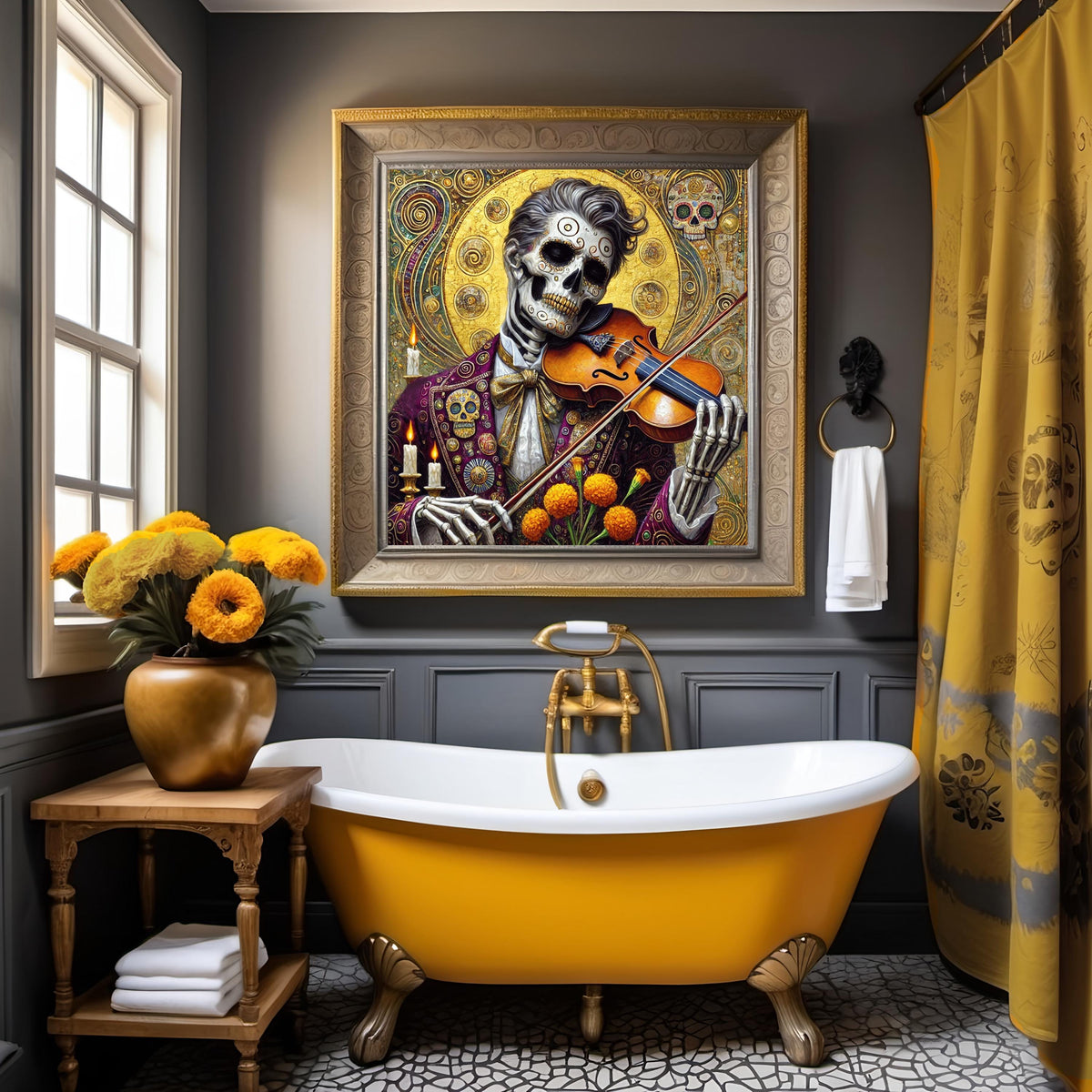 Día de los Muertos Violinist: Golden Skeleton Musician Art (Digital Download)